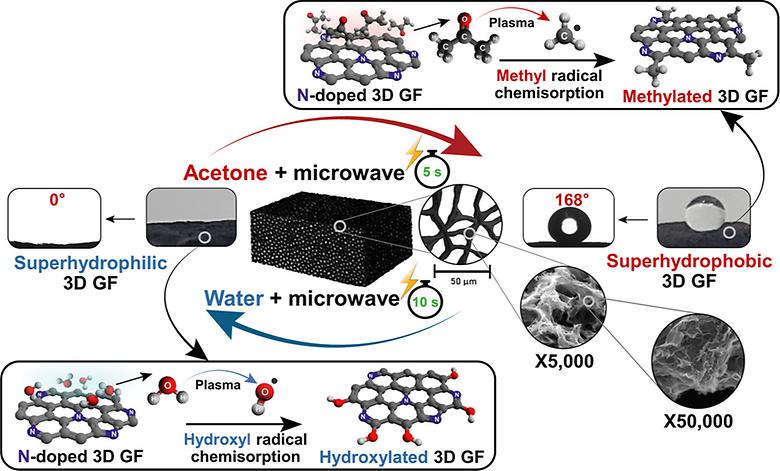 Ultrafast and Reversible Superwettability Switching of 3D Graphene Foams via Solvent-Exclusive Plasma Treatments